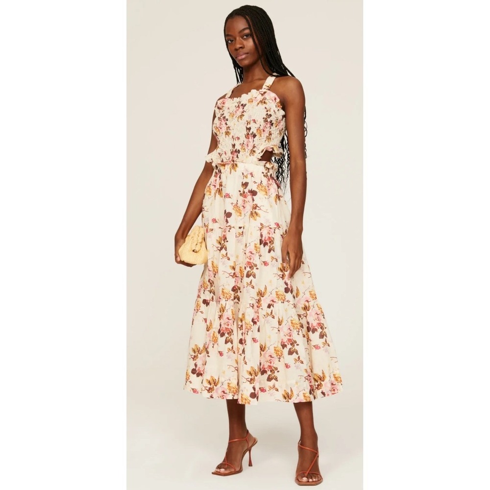 Sea New York Smocked Apron Midi Dress Floral Cut-Out Cream Multi Sleeveless L